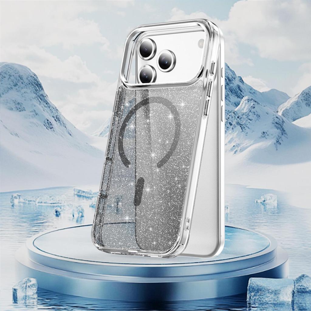 Custodia protettiva magnetica glitterata per iPhone 17 Pro Max con pulsanti in lega di alluminio