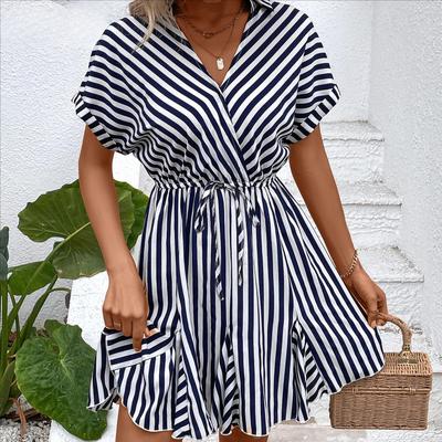 Women's Fashion Summer Spring Stripe Print Short Sleeve POLO Neck Casual Dresses