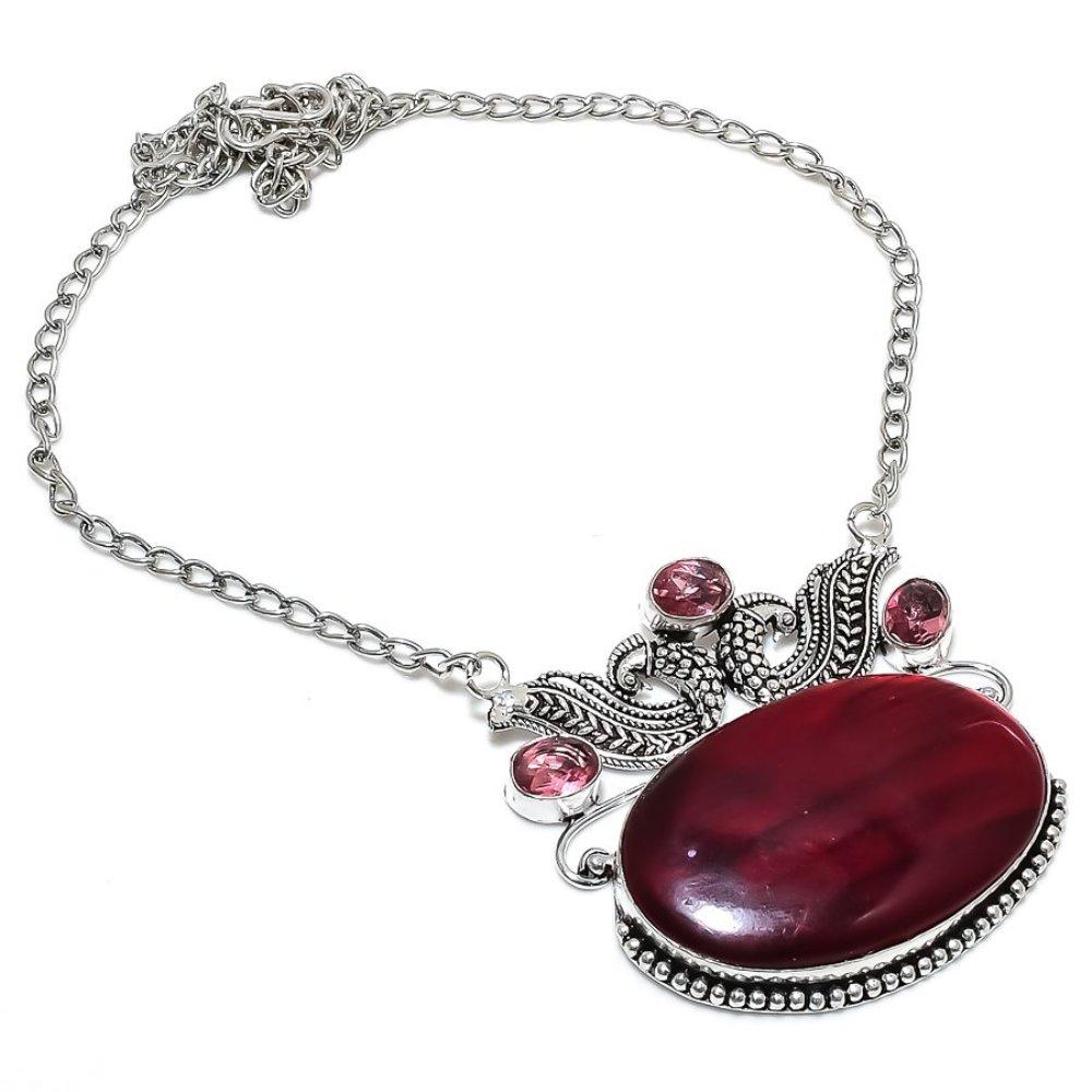 Röd Labradorit, Kunzit 925 Sterling Silver Smycke Halsband 18" C1r18