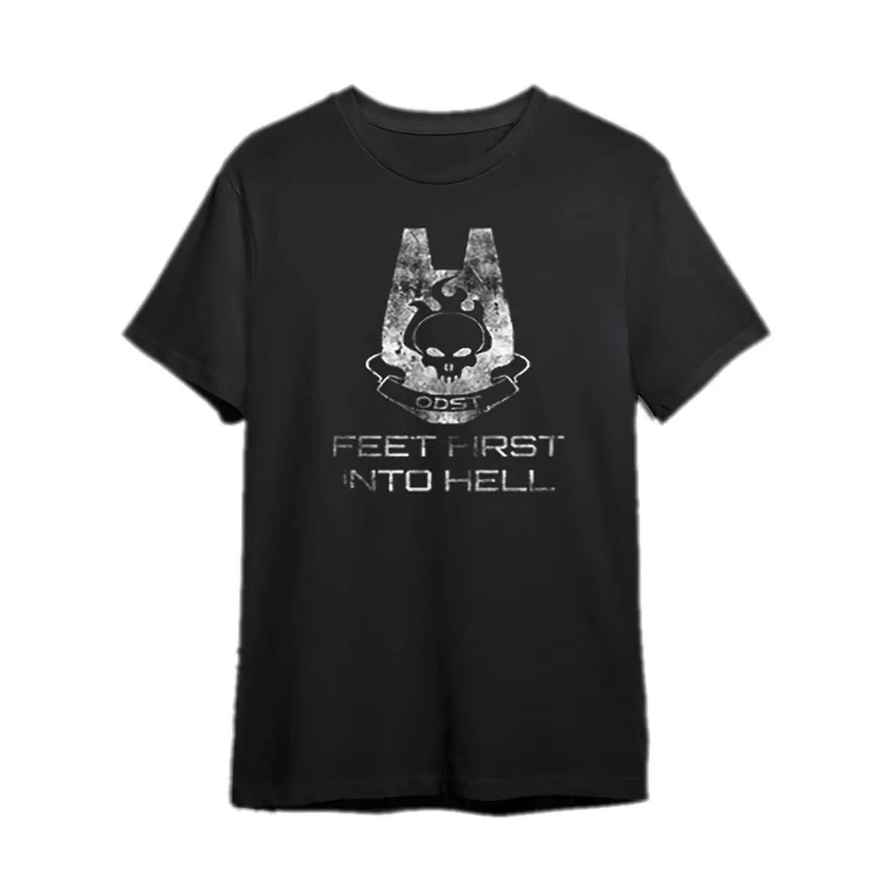 Мужская футболка Halo ODST Foot Into First Hell с графическим принтом 100% Хлопок Черная с дизайном Череп и Рога Повседневная с Круглым Вырезом и Короткой Рукавой S
