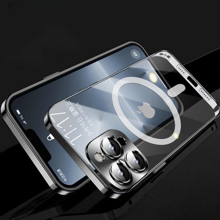Luxusní pouzdro na telefon s magnetickým kovovým rámem pro iPhone 14 13 12 Pro Max Full Lens Glass Cover Matný průhledný zadní kryt