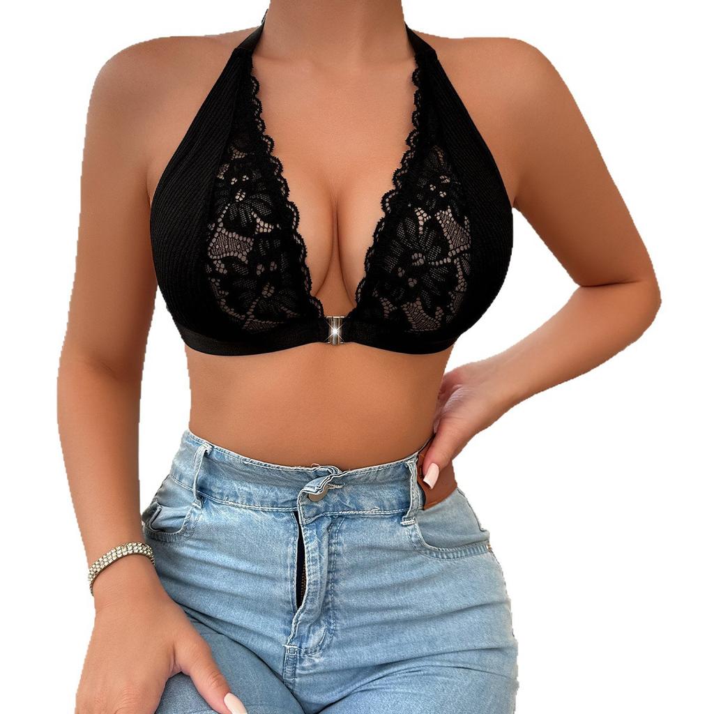 Women Floral Lace Halter Neck Front Closure Wireless Deep V Bra