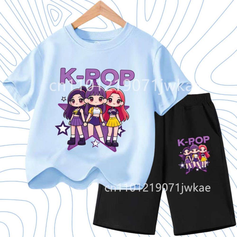 2026 Summer New K- POP Korean Idol Style Boys Girls Outfits Two-Piece Set with  Printed Short-Sleeve T-Shirt Shorts