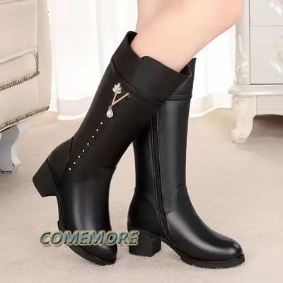 Botas de Plataforma de Felpa Corta de Invierno 2024 Nueva Moda Punta Redonda Botas hasta la Rodilla para Mujer Cómodas Tacón Cuadrado Botas de Media Caña para Dama