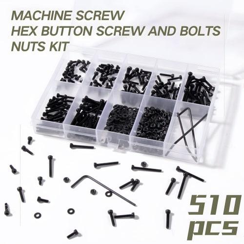 Zmbroll 510pcs M2 Socket Cap Screws, Metric Hex Bolts, Nuts, Washers, 12.9 Grade Alloy Steel Screws, Hex Socket Head Cap, Small Machine Screw Kit with