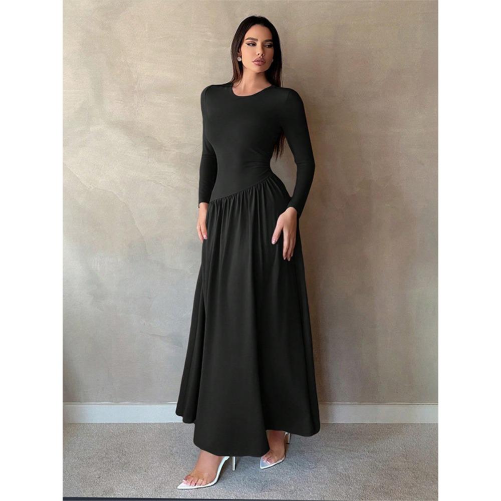 Women's Round Neck Long Sleeve Maxi Dress Loose High Waist Elegant Solid Ruched A Line Dress