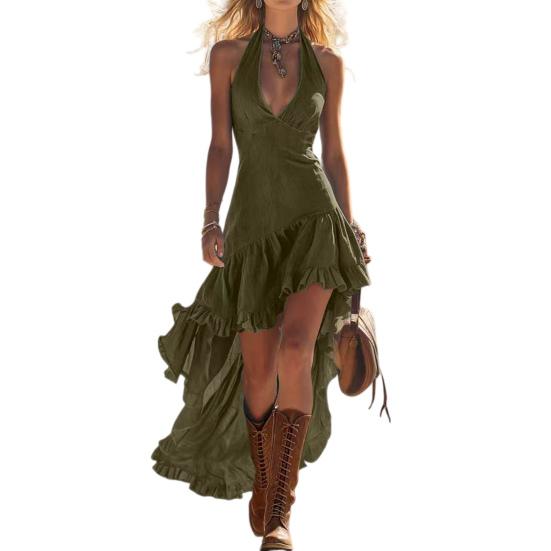Women s Halter V Neck High Low Hem Sleeveless Dress Ruffle Flowy Long Dress M зелёный