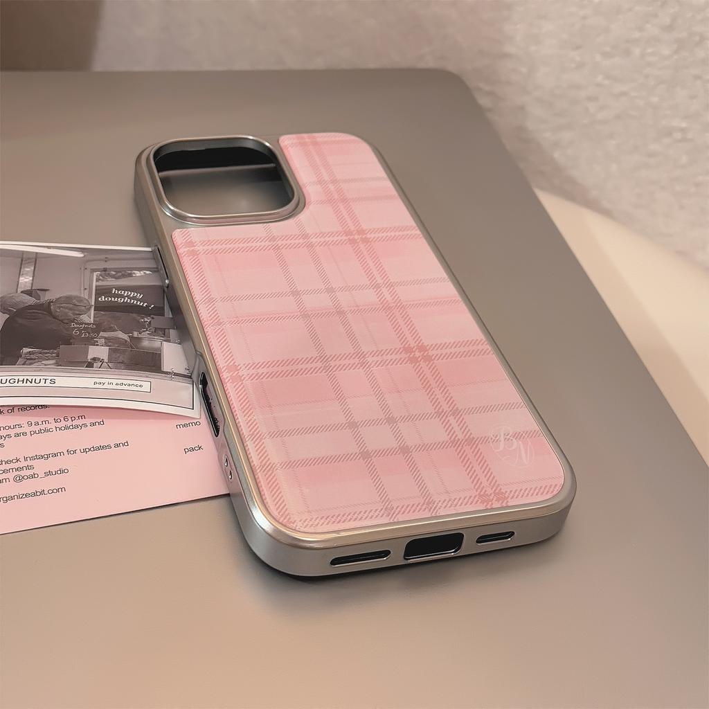Pink Plaid Suitable for iPhone 16, 17 Pro Max, 14, 13, 15, Korean Sweet Style, Huawei Hard Case