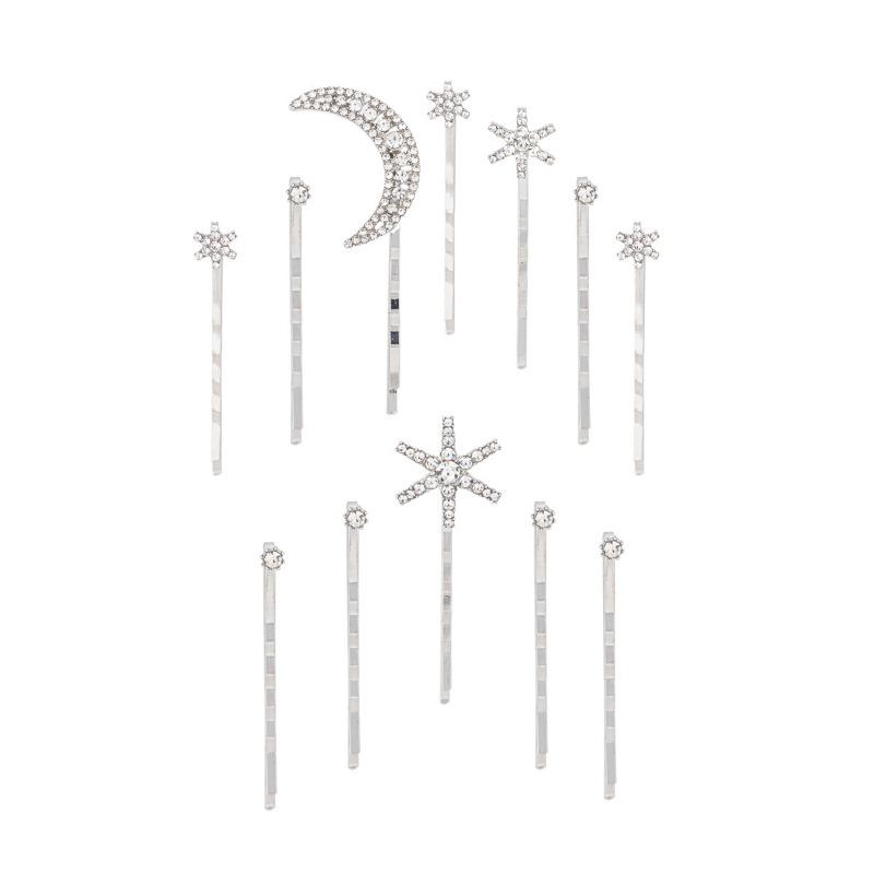 Alloy electroplating one-word clip jewelry, moon headdress, niche snowflake stacked hairpin set, women