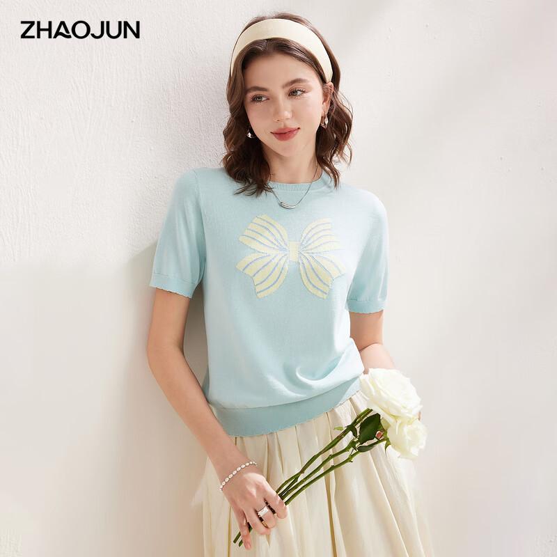Zhaojun Women s Silk Blend Bow-knot Floral Short Sleeve Knit T-shirt L