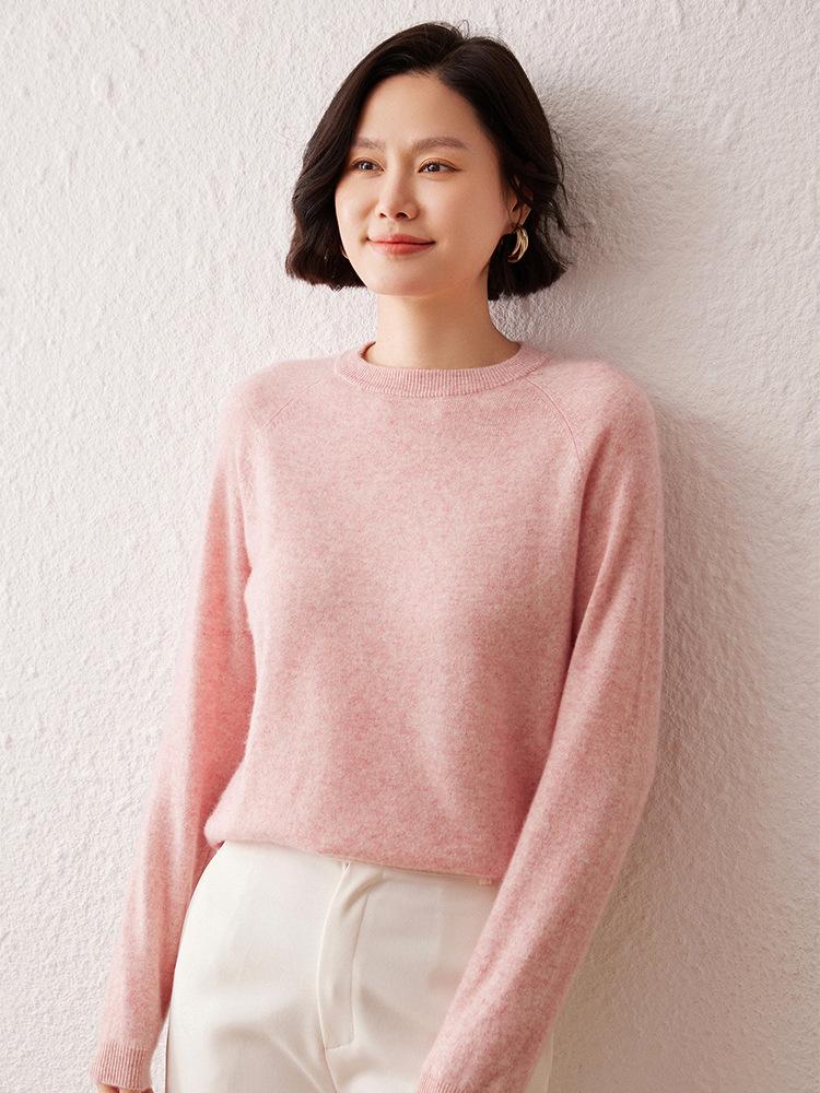 Women's Cashmere Sweater, Autumn/Winter 2026, Round Neck, Raglan Sleeve, Gentle, Loose Slimming Fit, Solid Color.