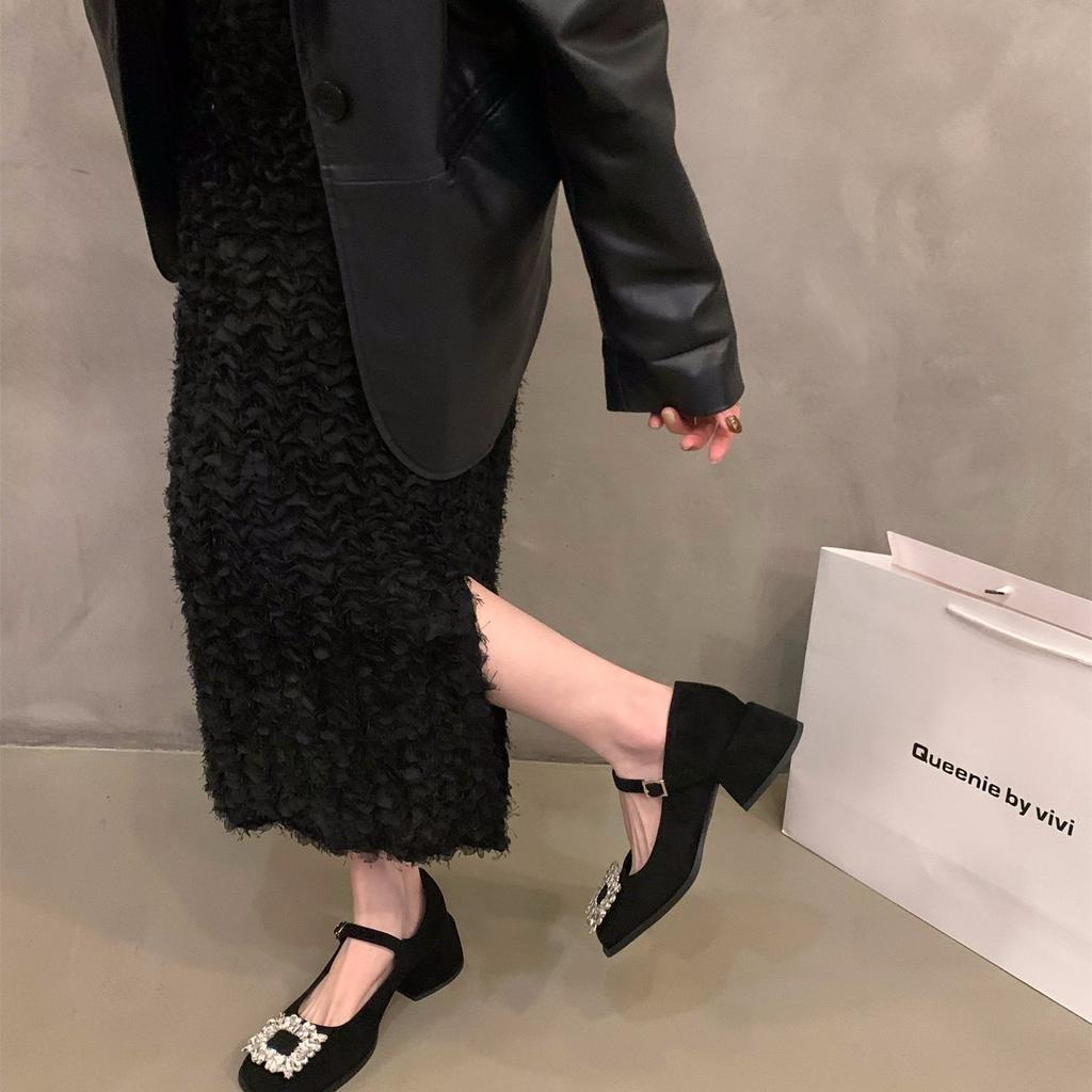 Thick heel high heels retro square head rhinestone Mary Jane small leather shoes women's shoes 2025 spring autumn winter black single shoes