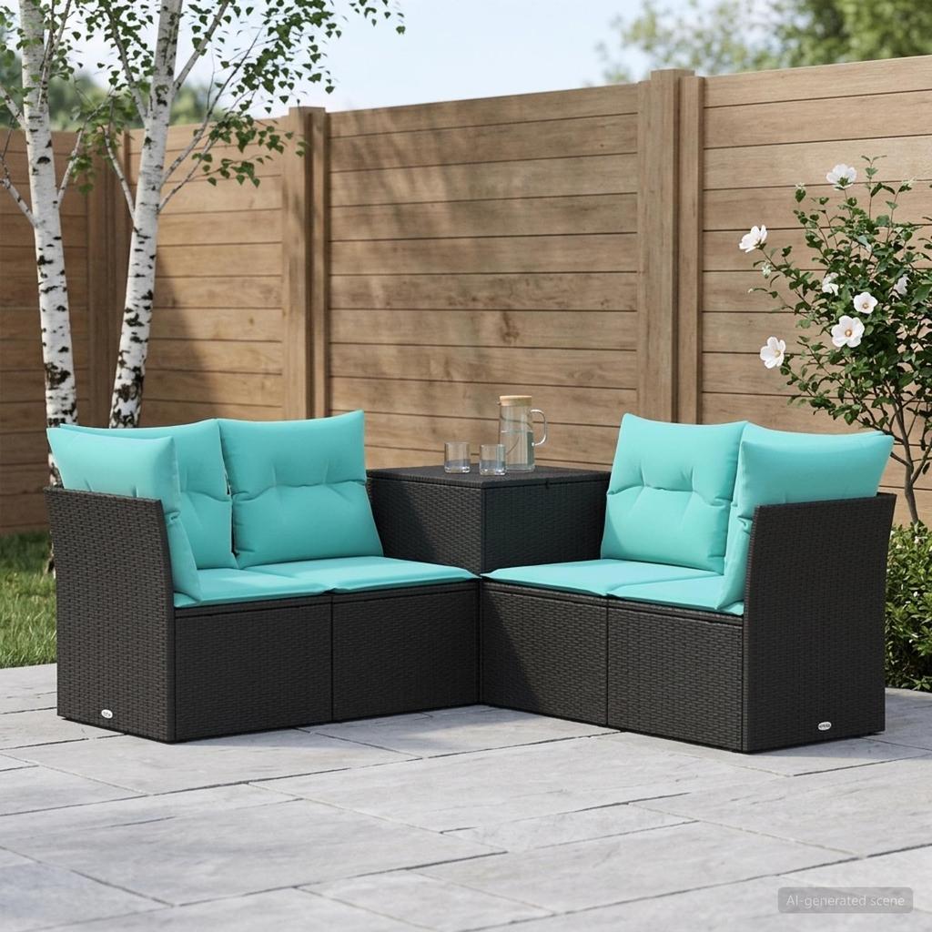 Sofa Set 5 pcs. Black and Blue Poly Rattan and Steel