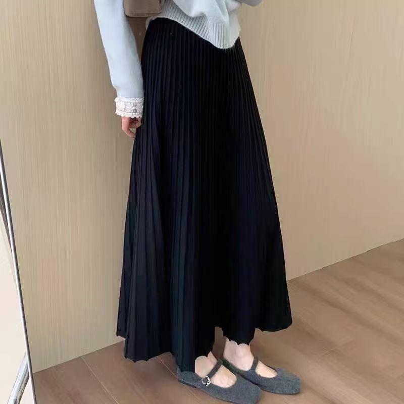 Korean Style High-Waisted Pleated Knit Midi Skirt: Elegant, Versatile, and Soft for a Casual Ladylike Look