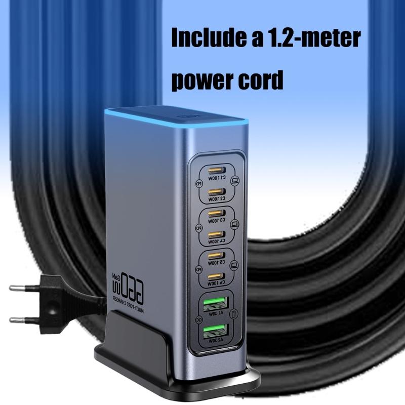 660W 8-Port Schnellladestation USB C PD100W Port für Laptops, Telefone, Tablets, Geräte Europäische Stecker Wandladegerät