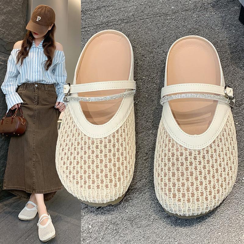 Half Slippers Women's Summer Wear Fisherman Baotou Flat Bottom Sandals Inner Height Increase One Pedal Mesh Breathable 2025 Weaving