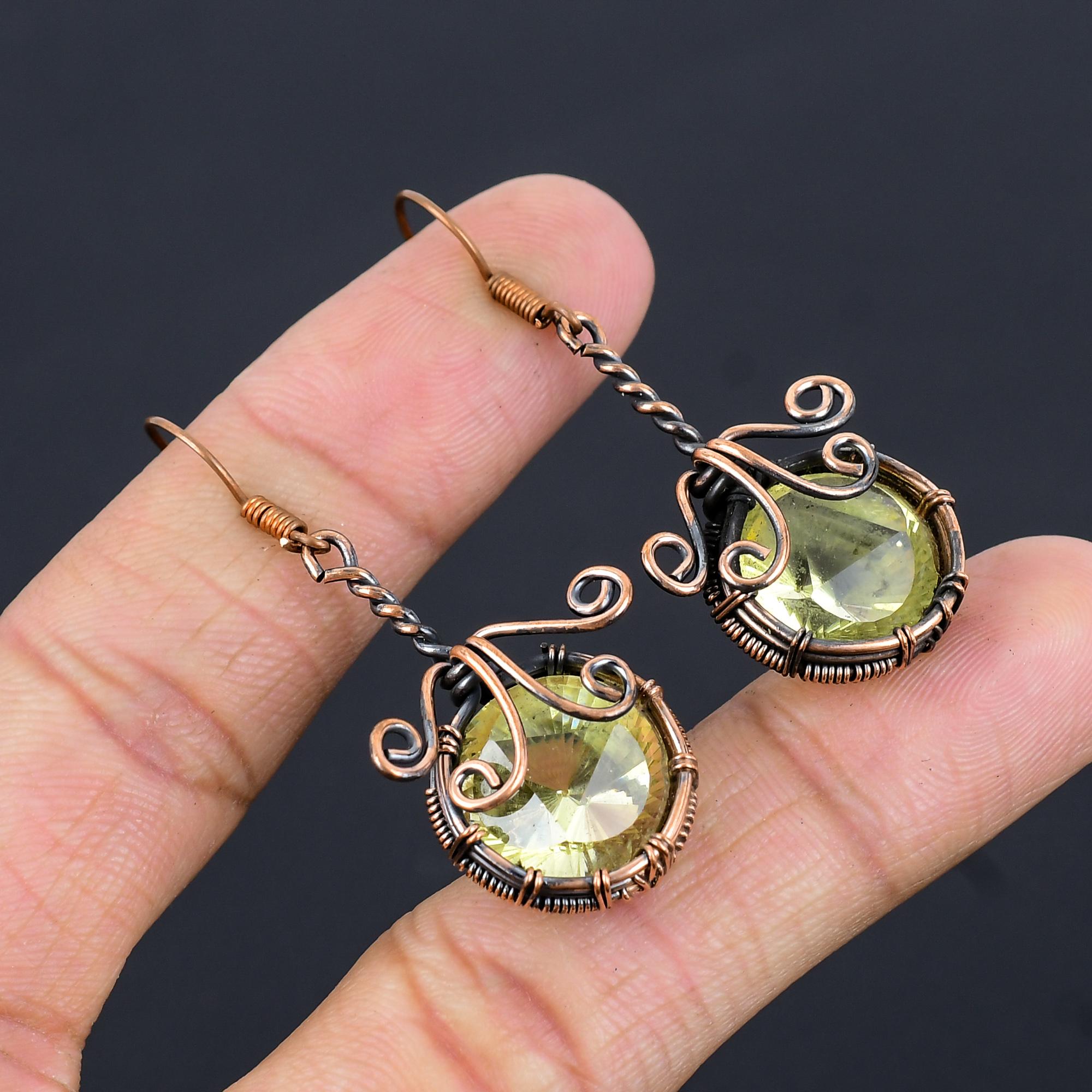 

Серьги с лимонным топазом, Ювелирные изделия из драгоценных камней, Серьги ручной работы, обернутые медной проволокой 999 пробы, Ювелирные изделия новейшего дизайна 2.55 Inches