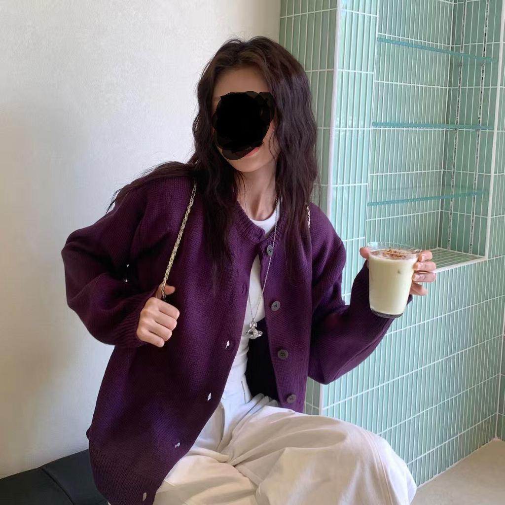 Cardigan Tricot Violet Haut de Gamme Coréen - Col Rond, Style Preppy, Pull Brodé Automne