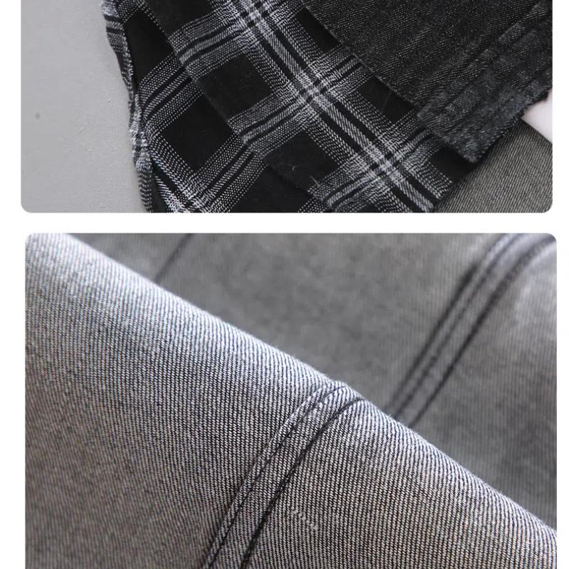 Frühlings-/Herbst-Freizeit-Denimhemden aus reiner Baumwolle für Herren Streetwear Zwei gefälschte Teile Karopatchwork Lockere Hemden Gewaschenes schwarzes Jeanshemd