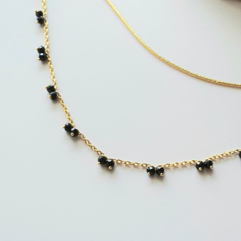 VOYONN Silver Double-Line Bracelet Gold Setting Beads Black 0009