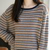 Navava Nk3552 Pumpkin Embroidery Point Stripe Long Sleeve Knitted Top