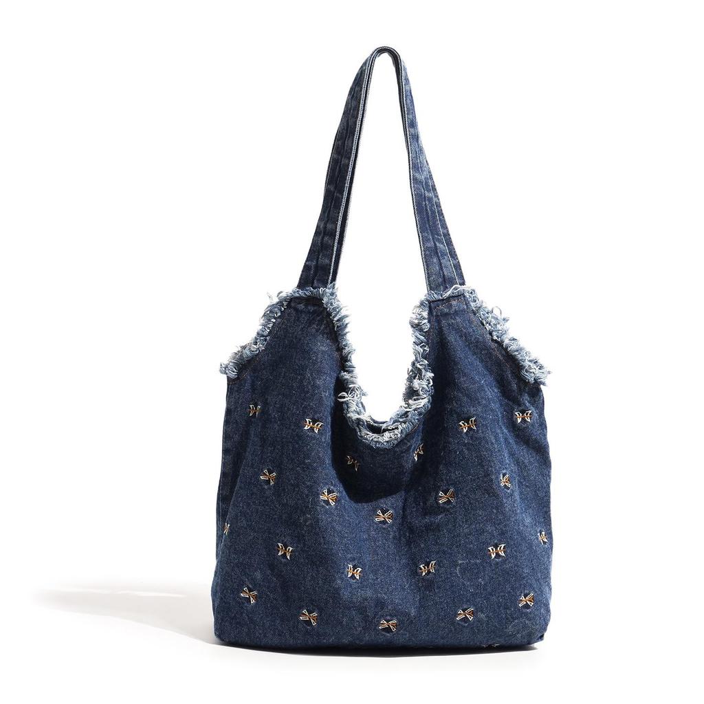 Personalized Floral Embroidery Denim Tote Bag - Fashionable, Large-Capacity Shoulder Bag for Women