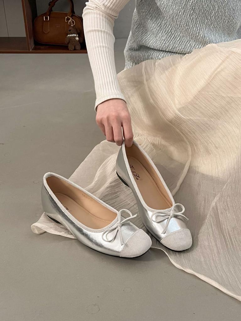 French Silver Inner Height Increase Single Shoes Women's 2025 New Spring and Summer Shallow Mouth Mary Jane Evening Shoes Ballet Style Beanie Shoes