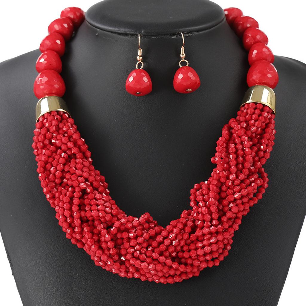 Bohemian Layer Beaded Necklace and Earrings Set Plastic Jewelry for Women Music Festival Beach Party Accessories