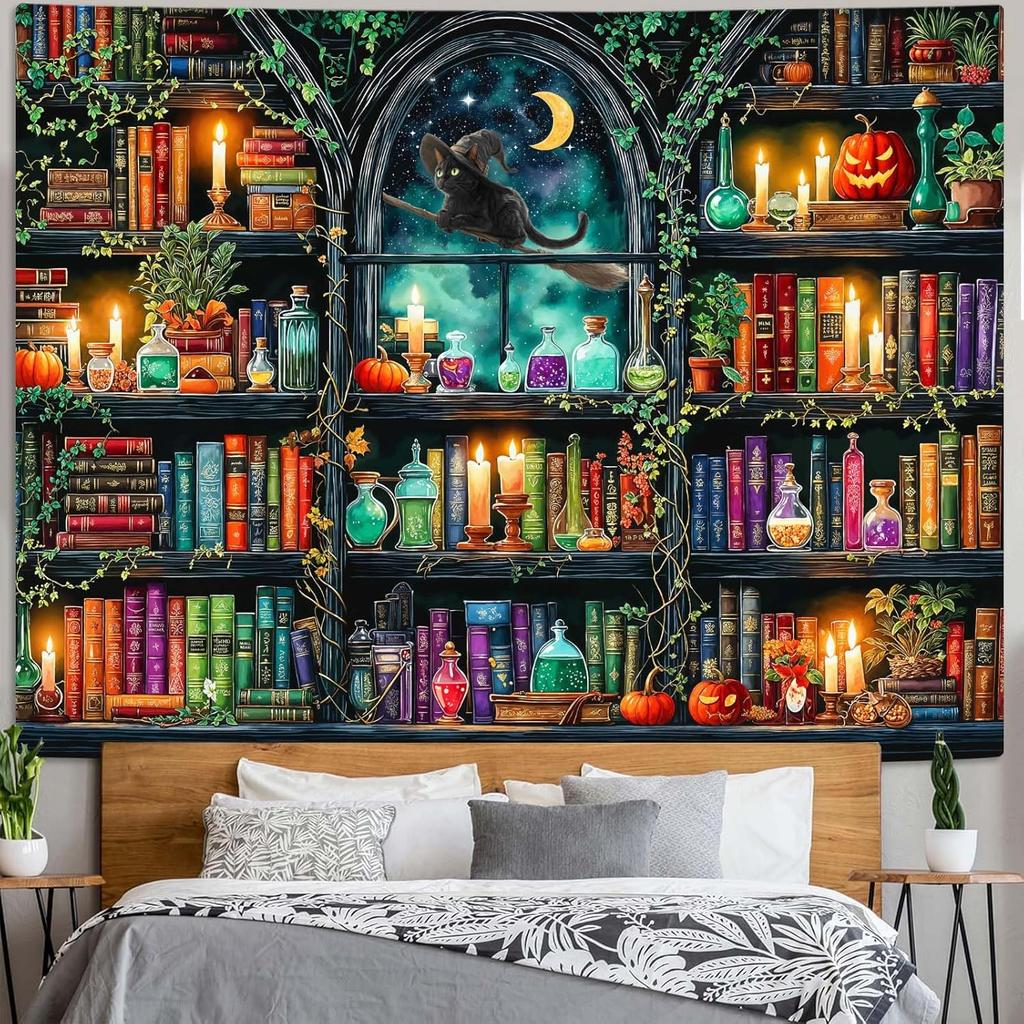 Magic Bookshelf Tapestry Witchy Potion Plant Wall Tapestry for Bedroom Aesthetic Fantasy Gothic Pumpkin Black Cat Library Large