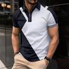 Men's Korean-Style Casual Lapel Fashion Slim-Fit Polo Shirt  Zipper Color Block Short-Sleeve Top