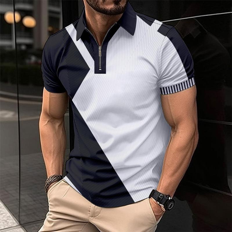Men's Korean-Style Casual Lapel Fashion Slim-Fit Polo Shirt  Zipper Color Block Short-Sleeve Top