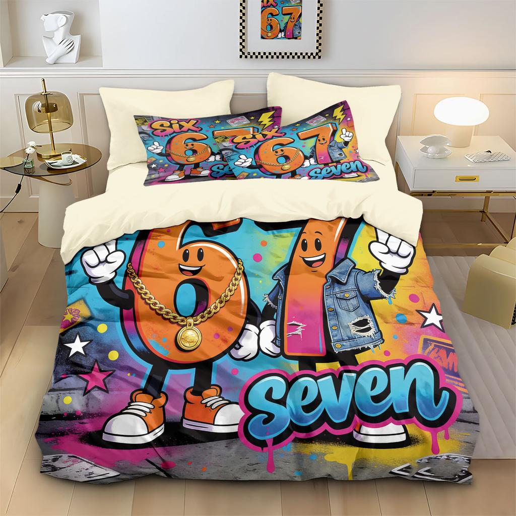 Graffiti Style Funny 67 Digital Printed 3PC Duvet Cover with Pillowcases Novelty Queen King Size Comforter Unique Bedroom Decor