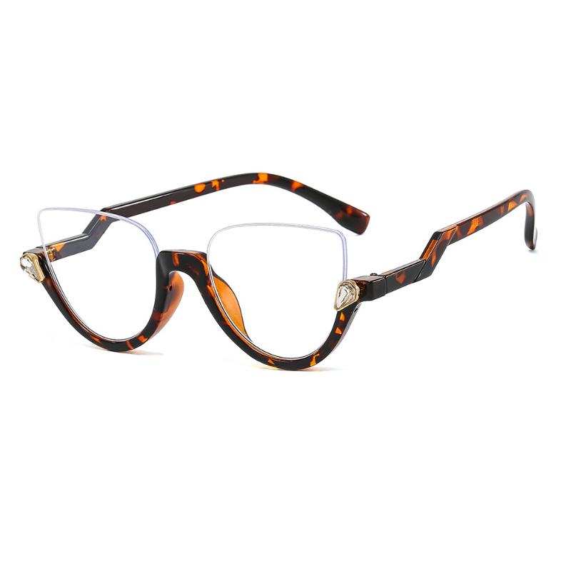 Herren Damen Trendige Halbrahmen Cat Eye Brille Modisch Leichte Freizeitbrille Diamantbesetzt Retro Flacher Spiegel