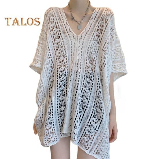 Cover Up Dress V-Neck Short Sleeve Hollow Out Breathable Loose Fit Summer Tops Beach Bikini Cover Up