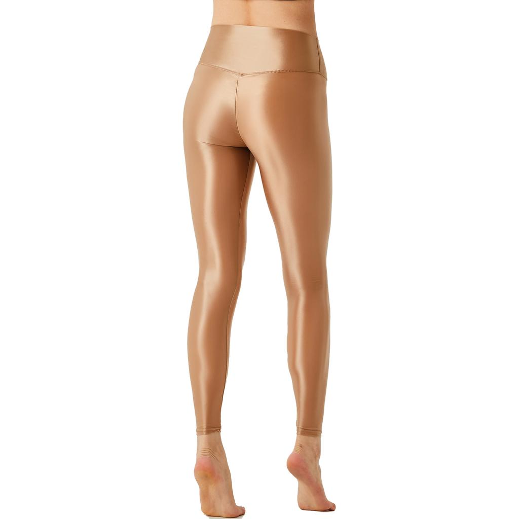 Damen Glänzende Dehnbare Leggings Breiter Elastischer Bund Unifarbene Design Yoga Pilates Fitnesshosen