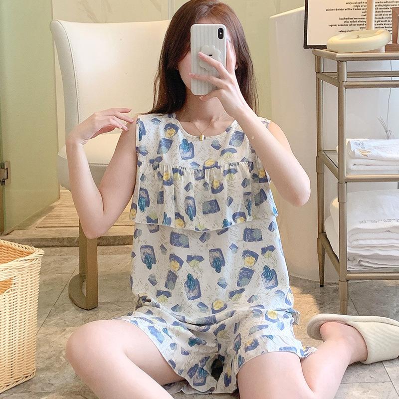 Anti-bumping Pajamas Women's Summer Vest Shorts Set Cotton and Silk Loungewear Can Be Worn Outside Loose Large Size Sweet and Cute