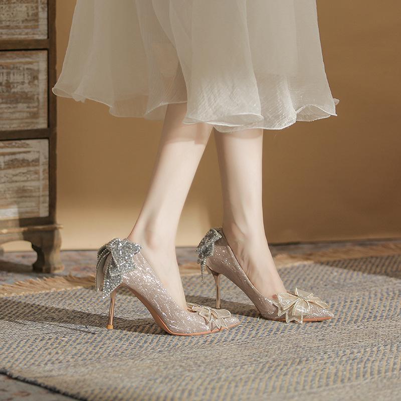 860-3 high heels women's thin heels spring 2025 new crystal wedding shoes pointed rhinestone bow single shoes