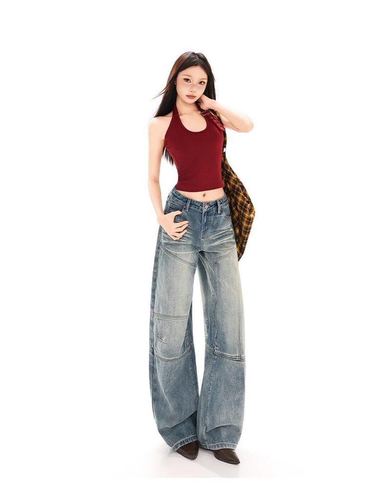 Women's Scimitar Patchwork Wide-Leg Jeans - Retro Niche Design, Spring/Summer 2026