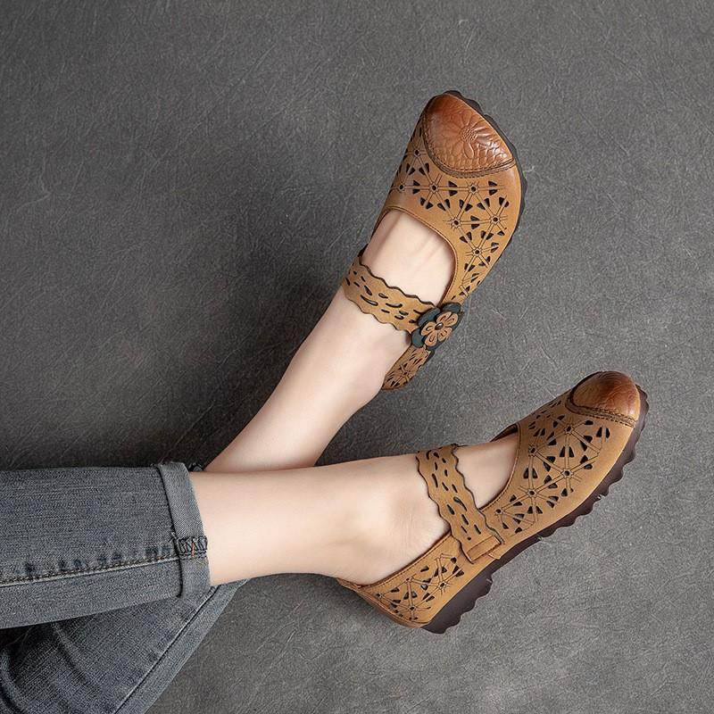 Johnature Duté sandály s plochým dnem z pravé kůže Retro univerzální dámská obuv s měkkou podrážkou