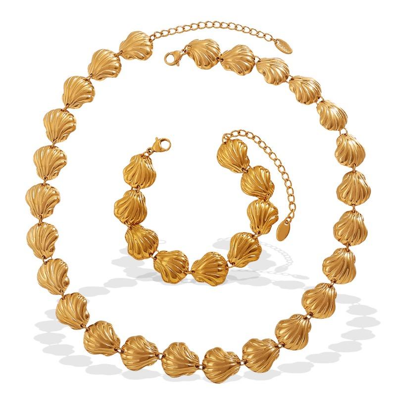 18k gold plated jewelry set - tarnish-resistant, shell-inspired textured bracelet and necklace - versatile, trendy, and instagram-worthy