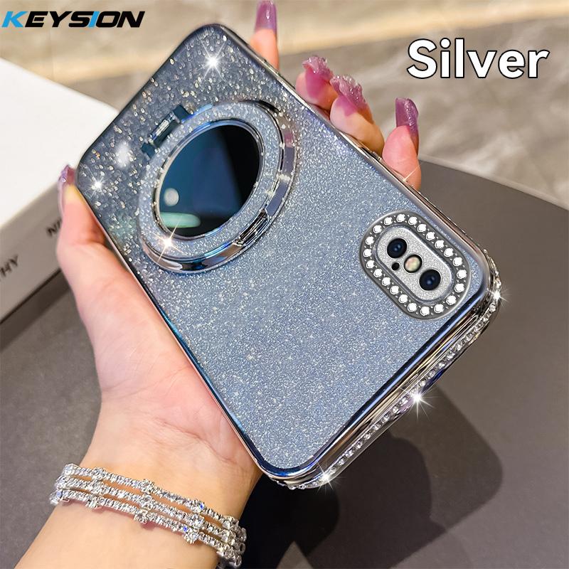 

KEYSION Роскошный блестящий магнитный чехол для телефона с драгоценными камнями для iPhone X XS Max XR Зеркало для макияжа Подставка-кольцо Ударопрочная задняя крышка for iPhone XS Max серебряный