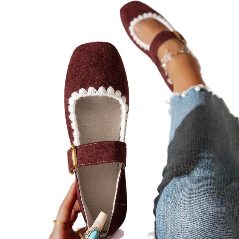 Damen Vintage Wildleder Mary Jane Ballerinas - Einfarbige tief ausgeschnittene Slipper für den Herbst, lässige Retro-Ballerinas