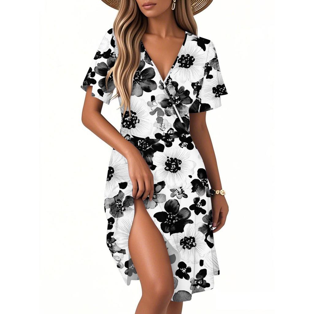 Women's Casual Fashion Dress Vintage Floral Floral Short Sleeve V-neck Dress