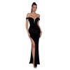 European and American Black Tube Top Party Evening Dress French High-end Sequin One-word Collar Split Summer Dress