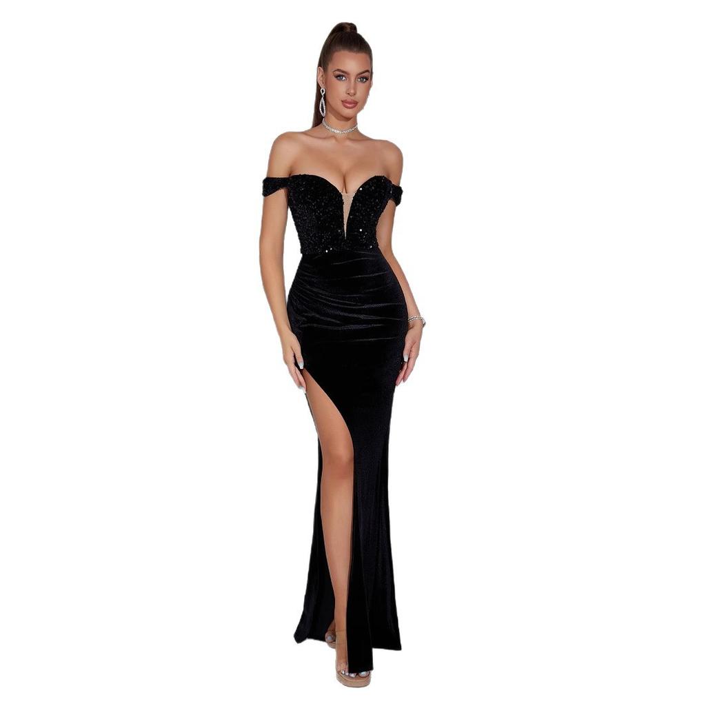 European and American Black Tube Top Party Evening Dress French High-end Sequin One-word Collar Split Summer Dress
