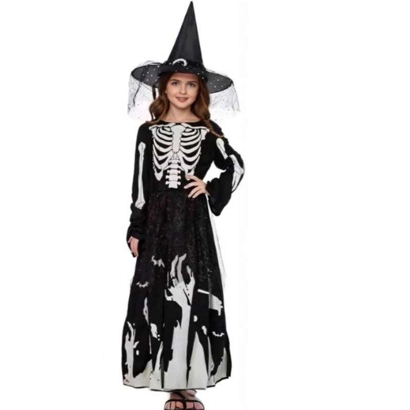 Glow in The Dark Skeleton Ghostly Witch Costume Witch Hat,Ghosty Skeleton Dress Cosplay Halloween Costume Kids Girls