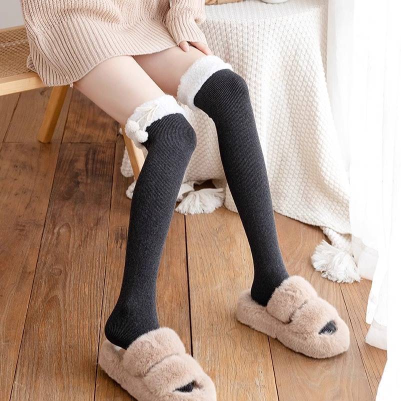 Over Above Knee Socks Long Thigh High Womens Stockings Warm Winter Ladies Girls Black Knitting Cotton Socks Thick Fur Ball