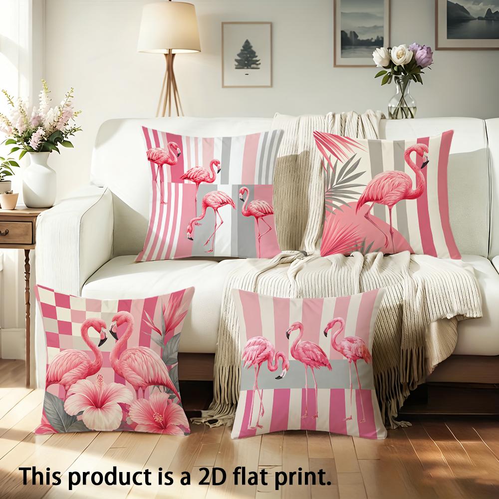 1pc Tropical Flamingo Print Throw Pillow Covers, Pink Geometric Stripe Floral Cushion Cases for Home Sofa Bedroom