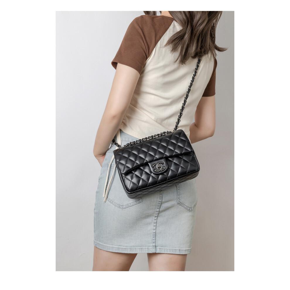 (Black) Classic Style Temperament Single Shoulder Crossbody Bag, First Layer Cowhide Fashionable and Versatile Rhombus Chain Bag Popular Women's Bag