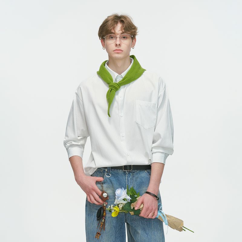 Dream Made American-Style Striped White Long-Sleeved Shirt for Men, Spring and Autumn Casual Workwear, Loose Inner Shirt